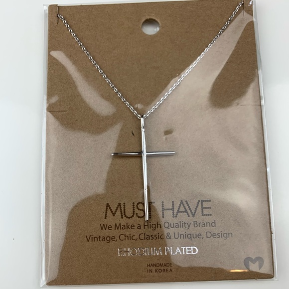 Rhodium planted Cross Necklace.  17 Inch. - Picture 4 of 4